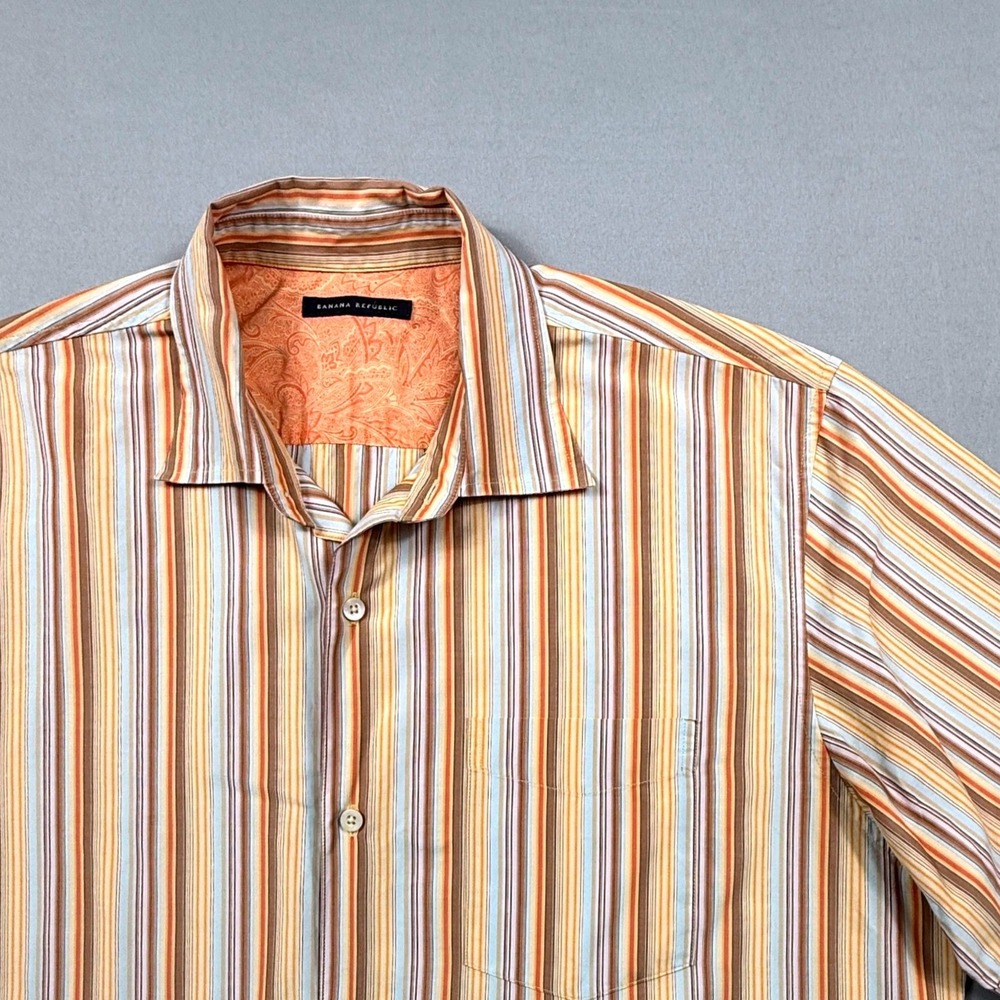 Banana Republic Striped Button Down Shirt Orange Tan Blue Long Sleeve Mens‎ L